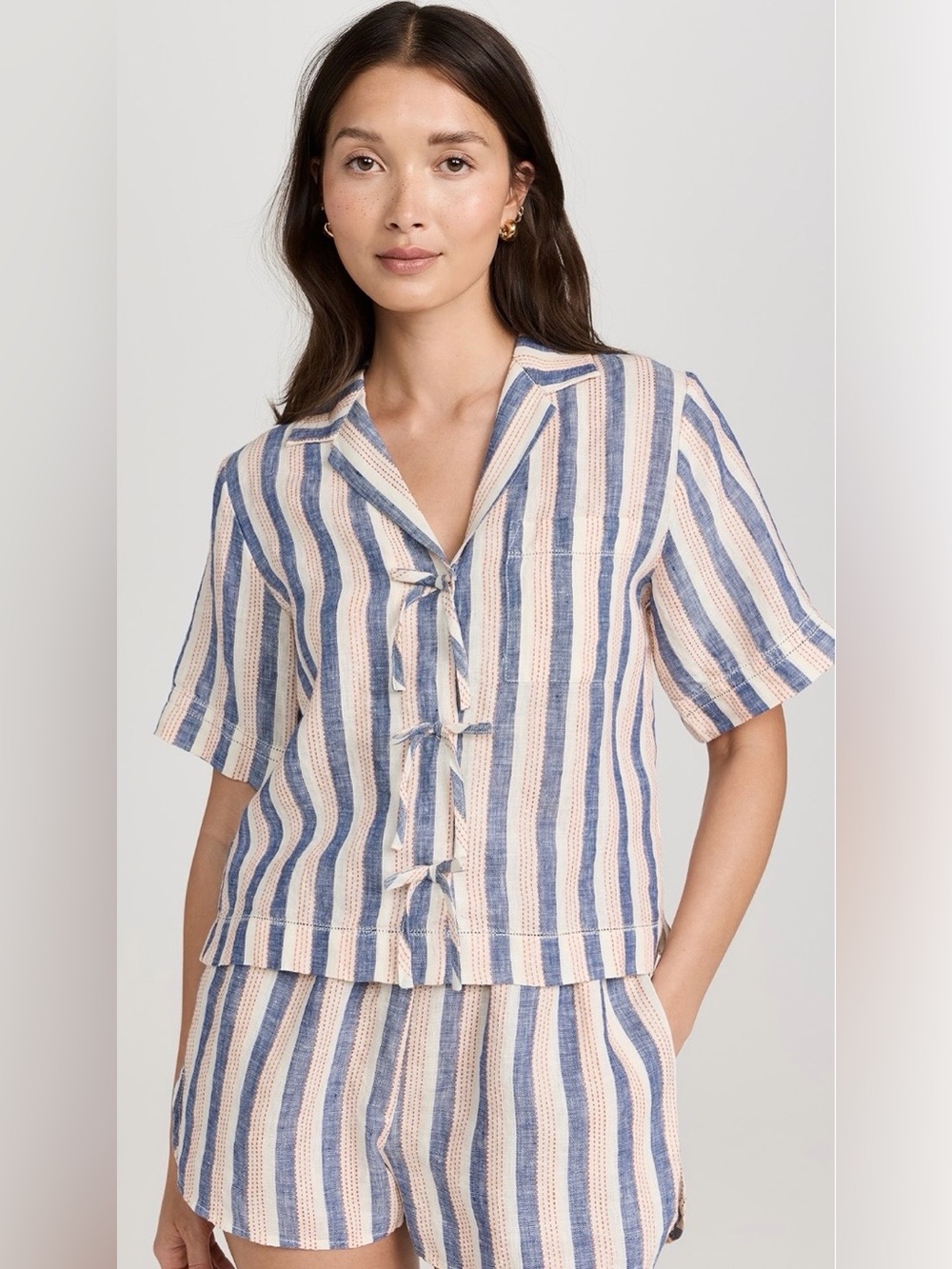 Birds Of Paradis Inez Shirt Striped Short-Sleeve Linen Blue Cream Size Medium